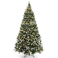 Costway - 9ft Pre-lit Snowy Christmas Tree 2058 Tips with Pine Cones & Red Berries - Green - Large Front