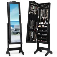 Costway - Mirrored Jewelry Cabinet Mirror Organizer Storage Box Stand - Black - Large Front