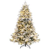 Costway - 6 FT Pre-Lit Flocked Christmas Tree Hinged w/ 260 LED Lights & 1415 Branch Tips - Green... - Large Front