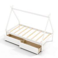 Costway Twin Size Wooden House Bed with 2 Drawers Roof Storage for Boys & Girls - White - Large Front
