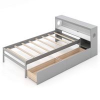 Costway Twin Size Bed Frame with LED Light & Power Outlet Bookcase Headboard Drawers - Gray - Large Front