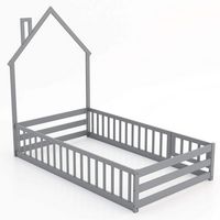 Costway Twin Size Montessori Floor Bed for Toddler with Lockable Door Full-Length Guardrail - Gray - Large Front