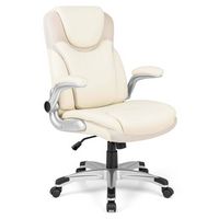 Costway - Ergonomic Executive PU Leather Office Chair with Swivel and Flip-up Armrests - Beige White - Large Front