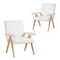 Costway 2 PCS Mid-Century Accent Chair with Solid Rubber Wood Frame and Padded Armrests - Beige +... - Large Front