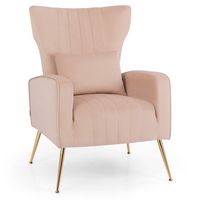 Costway - Velvet Upholstered Wingback Chair with Lumbar Pillow and Golden Metal Legs - Pink - Large Front