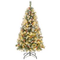 Costway - 5 FT Artificial Christmas Tree Hinged w/ 200 Warm LED Lights & 126 Red Berries - Green/... - Large Front
