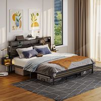 Bestier King Bed Frame Golden Stripe Headboard LED Nightstands Metal Platform No Box Spring - Black - Large Front
