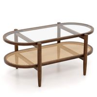 Costway - 2-Tier Coffee Table Tempered Glass Top with PE Rattan Shelf & Acacia Wood Frame - Brown - Large Front