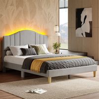 Pinmoco - Queen Upholstered Platform Bed Frame with Adjustable LED Arc Headboard - Fabric Gray - Large Front