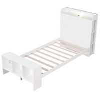 Costway Twin Size Bed Frame with Storage Headboard & Footboard LED Bed Frame with 2 USB Ports - W... - Large Front