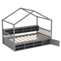Costway Twin Size House Bed Wooden Platform Bed Frame with Roof & 14 Storage Cubes - Gray - Large Front