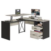 Bestier - L-Shaped Computer Desk with Drawers and Monitor Stand - Light Gray - Large Front