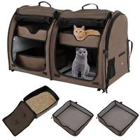 Costway - Portable Pet Carrier Kennel Cat Dog Crate Twin Compartments w/ Mats Litter Box - Brown - Large Front