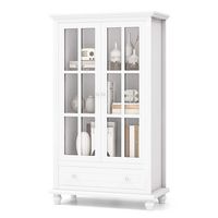 Costway - Bookcase Cabinet Storage Bookshelf Organizer Tempered Glass Doors Shelf Drawer - White - Large Front