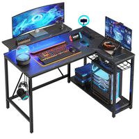 Bestier - L-Shaped Gaming Desk with Power Outlets LED Lights and Reversible Storage Shelves & Hoo... - Large Front
