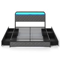 Costway Queen Size Bed Frame with LED Lights & Charging Station Storage Headboard - Black - Large Front
