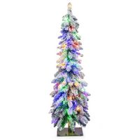 Costway - 4 FT Pre-Lit Slim Christmas Tree Flocked Xmas Decoration 11 Modes 100 LED Lights - Gree... - Large Front