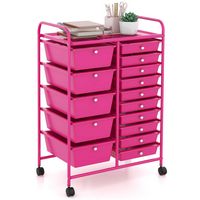 Costway - 15 Drawer Rolling Storage Cart Mobile Cart with Colorful Drawers & Metal Frame - Hot Pink - Large Front