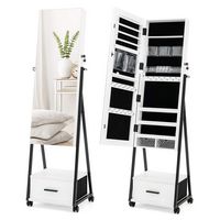 Costway - Jewelry Cabinet Armoire Full Length Mirror Lockable w/ Bottom Drawer & Wheels - White - Large Front