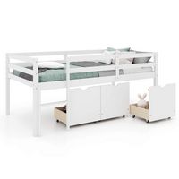 Costway Twin Size Low Loft Bed with 3 Drawers Ladder & Full-length Guardrails Storage - White - Large Front