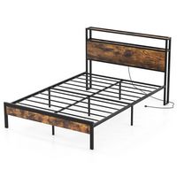 Costway Full Bed Frame with Storage Headboard Charging Station 18W USB C Port Rustic - Brown - Large Front