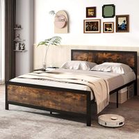 Costway Queen Size Metal Bed Frame with Headboard & Footboard Metal Slats Support - Brown - Large Front