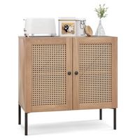 Costway - Rattan Buffet Sideboard Cabinet Cupboard w/ Adjustable Shelf Oak - Oak - Large Front