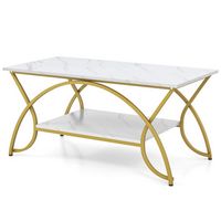 Costway - Coffee Table Modern Marble 2-Tier Coffee Table  Gold Rectangle for Living Room - White ... - Large Front