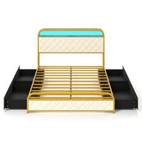 Costway Full Size Bed Frame with LED Lights & Charging Station Storage Headboard & Drawers - Gold... - Large Front