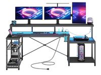 Bestier - L-Shaped Gaming Desk with Power Outlets, LED Lighting and Monitor Stand - Black - Large Front