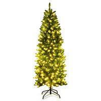 Costway - 6Ft Pre-lit Artificial Pencil Christmas Tree Hinged Fir PVC Tree /250 LED Lights - Green - Large Front