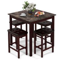 Costway 5 PCS Bar Table Set Square Dining Table & 4 PVC Leather Upholstered Bar Stools - Brown - Large Front