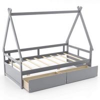 Costway Twin Size House Bed with Roof Safety Guardrail 2 Storage Drawers Wood Slat Support - Gray - Large Front