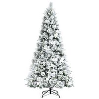 Costway - 7ft Snow Flocked Hinged Christmas Tree w/Berries & Poinsettia Flowers - Green/White - Large Front
