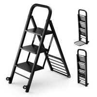 Costway - 2-in-1 Ladder and Hand Truck Combo Collapsible 3-Step Ladder with Wheels - Black - Large Front