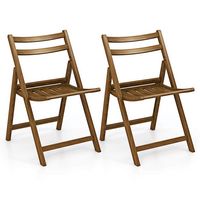 Costway Folding Dining Chair Set of 2 with Rubber Wood Frame Slatted Seat Curved Backrest - Brown - Large Front