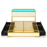 Costway Queen Size Bed Frame with LED Lights & Charging Station Storage Headboard & Drawers - Gol... - Large Front