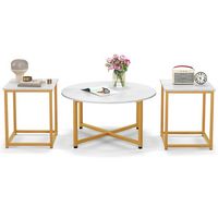 Costway 3 PCS Coffee Table Set Round Coffee Table and 2PCS Square End Tables Metal Frame White - ... - Large Front