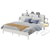 Bestier King Bed Frame Golden Stripe Headboard LED Nightstands Metal Platform No Box Spring - White - Large Front