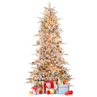 Costway - 7.5 FT Pre-Lit Christmas Tree Snow Flocked Hinged 1107 Branch Tips & 350 Lights - Green... - Large Front