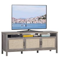 Costway - TV Stand Entertainment Media Center for TV's up to 65'' w/ Rattan Doors Grey Oak - Gray... - Large Front
