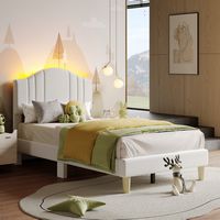Pinmoco - Twin Upholstered Platform Bed Frame with Adjustable LED Arc Headboard - Fabric Beige - Large Front