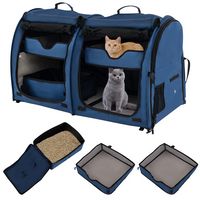 Costway - Portable Pet Carrier Kennel Cat Dog Crate Twin Compartments w/ Mats Litter Box - Navy Blue - Large Front