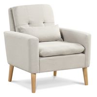 Costway - Mid-Century Modern Linen Accent Chair with Lumbar Pillow - Beige - Large Front