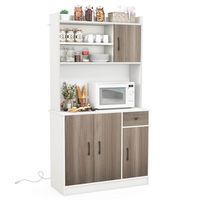 Costway 4-Door 71'' Kitchen Buffet Pantry Storage Cabinet w/Hutch Adjustable Shelf - White - Large Front