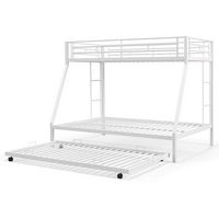 Costway Twin Over Full Metal Slats Bunk Bed Frame with Trundle, Guard Rail & Ladders - White - Large Front