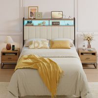 Pinmoco - Full Size LED Linen Upholstered Storage Headboard with Charging Station - Beige - Beige - Large Front
