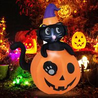 Costway - 5 FT Tall Halloween Inflatable Décor Black Cat Sitting in Pumpkin w/ LED Lights - Orang... - Large Front