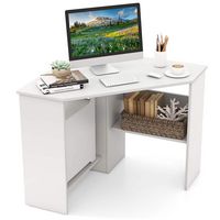 Costway - Triangle Corner Computer Desk with Storage Shelf - White - Large Front