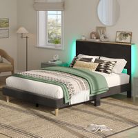 Bestier - Bed Frame Bed with LED Light & Adjustable Storage Headboard for Bedroom Upholstered Pla... - Large Front